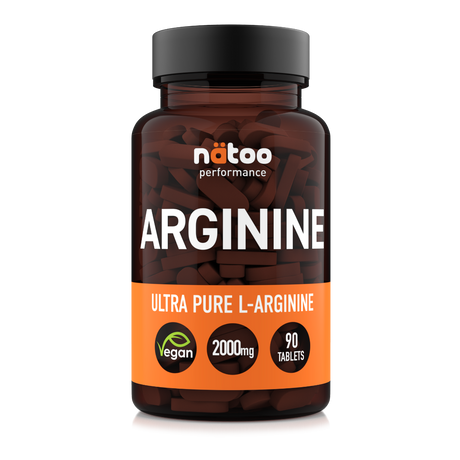 Barattolo in vetro Nätoo Arginine Ultra Pure L-Arginina 2000mg – 90 compresse vegane Made in Italy, vista frontale