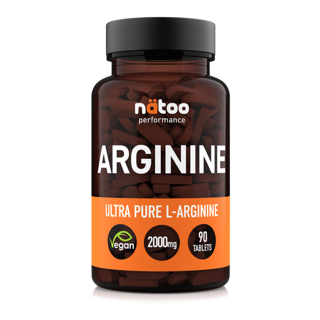Barattolo in vetro Nätoo Arginine Ultra Pure L-Arginina 2000mg – 90 compresse vegane Made in Italy, vista frontale