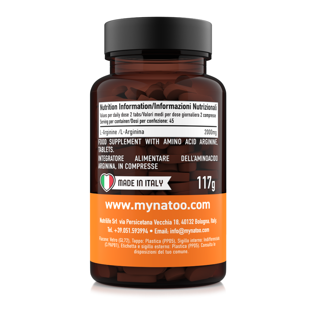 Etichetta laterale sinistra Nätoo Arginina 90 compresse con tabella nutrizionale: 2000mg di L-Arginina per dose giornaliera di 2 compresse