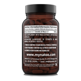 Etichetta posteriore 90 capsule Natoo Maca Essentials con tabella nutrizionale e benefici tonico-adattogeni della Maca