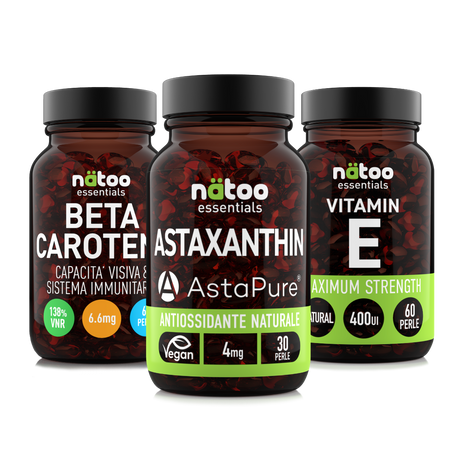 Bundle Nätoo Skin Summer Pack – tre barattoli di Beta Carotene, Astaxantina AstaPure® e Vitamina E 400UI, integratori antiossidanti per la protezione cutanea estiva