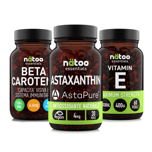 Bundle Nätoo Skin Summer Pack – tre barattoli di Beta Carotene, Astaxantina AstaPure® e Vitamina E 400UI, integratori antiossidanti per la protezione cutanea estiva