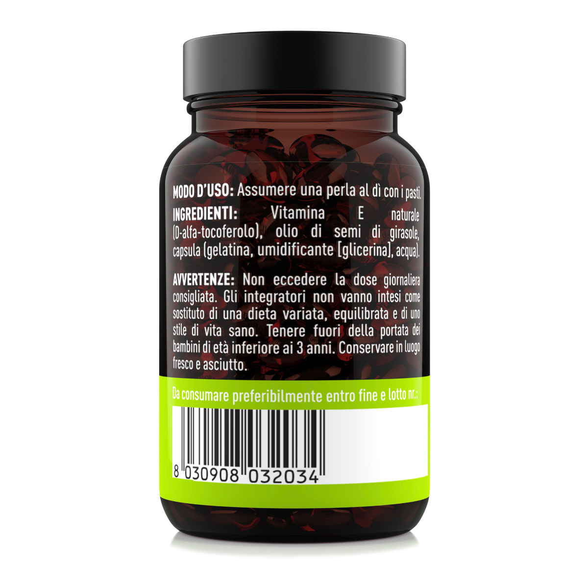 Etichetta laterale destra Nätoo Vitamina E 400UI con ingredienti, modo d'uso e claim EFSA protezione cellule dallo stress ossidativo