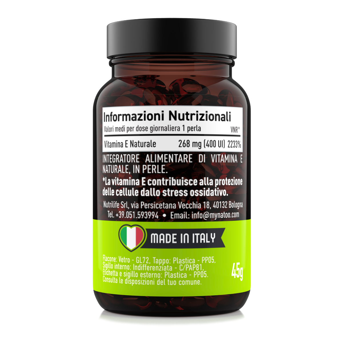 Etichetta laterale sinistra Nätoo Vitamina E 400UI con tabella nutrizionale: 268mg di Vitamina E naturale D-alfa-tocoferolo, 2233% VNR, Made in Italy