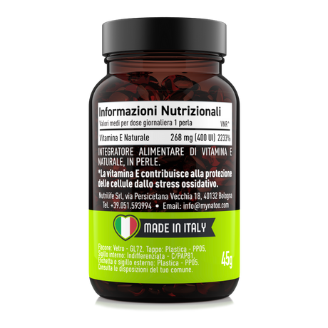 Etichetta laterale sinistra Nätoo Vitamina E 400UI con tabella nutrizionale: 268mg di Vitamina E naturale D-alfa-tocoferolo, 2233% VNR, Made in Italy