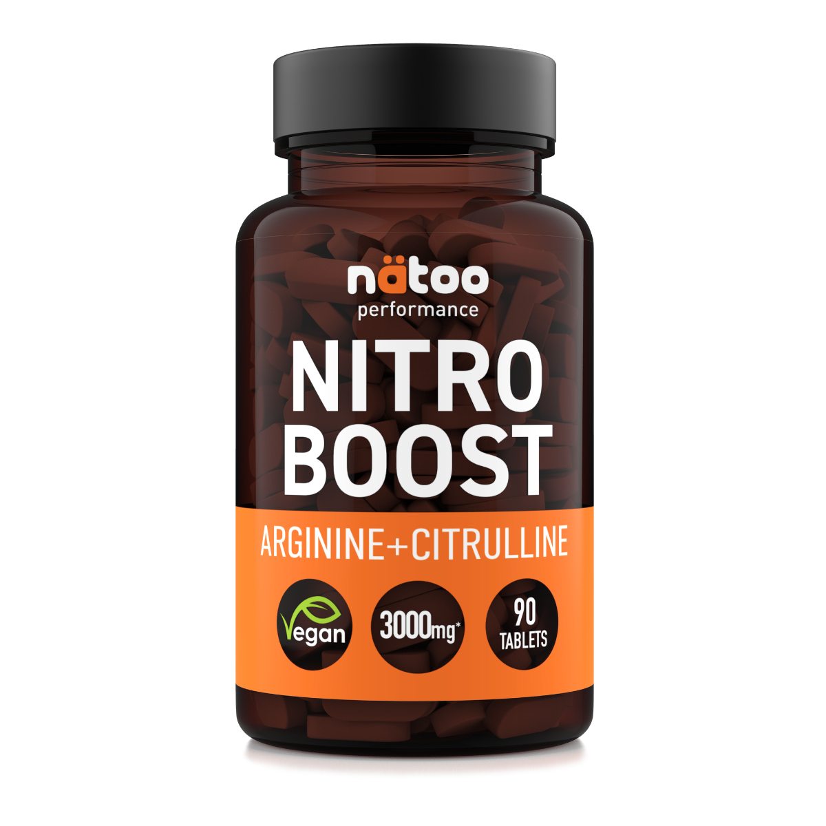 Nitro Boost Nätoo, arginina e citrullina in 90 compresse vegane, barattolo fronte
