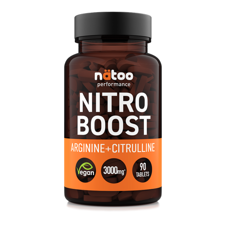 Nitro Boost Nätoo, arginina e citrullina in 90 compresse vegane, barattolo fronte