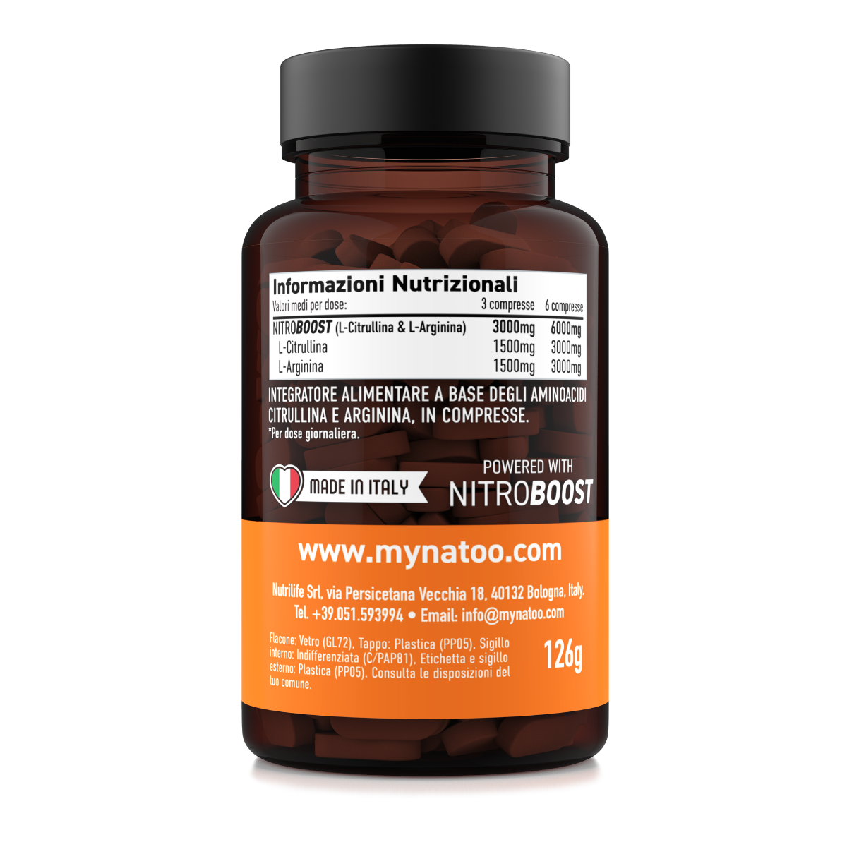 Tabella nutrizionale Nitro Boost Nätoo: 1500 mg di L-citrullina e 1500 mg di L-arginina per dose
