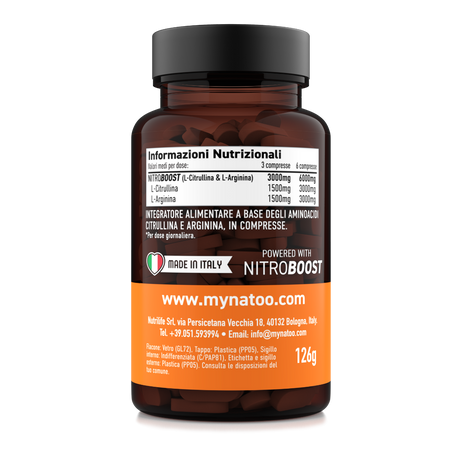 Tabella nutrizionale Nitro Boost Nätoo: 1500 mg di L-citrullina e 1500 mg di L-arginina per dose