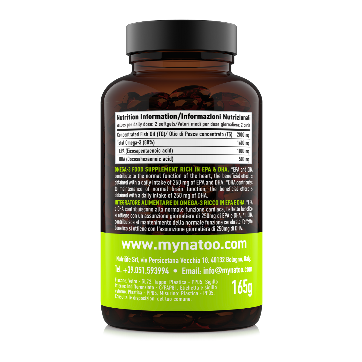 Retro barattolo Premium Omega-3 MyNatoo 120 perle con tabella nutrizionale e informazioni sui benefici degli Omega-3