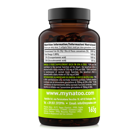 Retro barattolo Premium Omega-3 MyNatoo 120 perle con tabella nutrizionale e informazioni sui benefici degli Omega-3