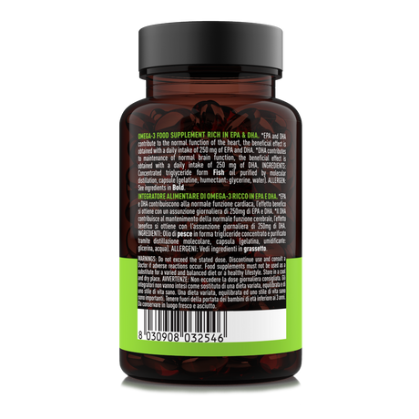 Retro barattolo Premium Omega-3 MyNatoo 60 perle con elenco ingredienti e informazioni sui benefici nutrizionali