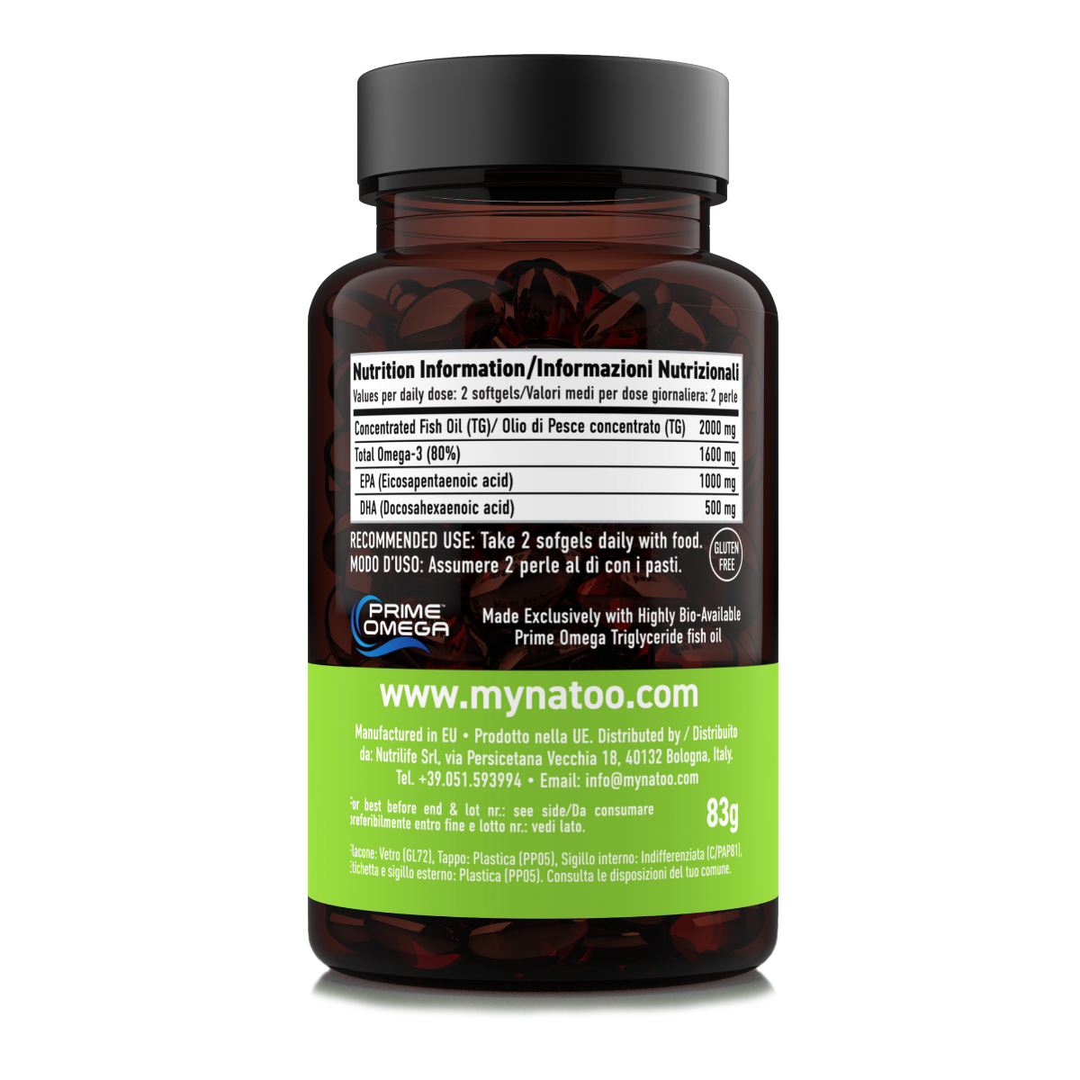 Retro barattolo Premium Omega-3 MyNatoo 60 perle con tabella nutrizionale e indicazioni di assunzione