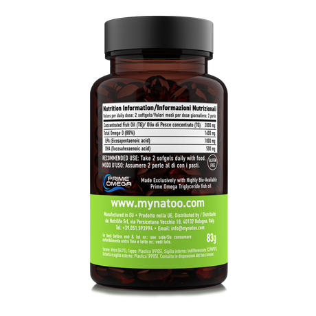 Retro barattolo Premium Omega-3 MyNatoo 60 perle con tabella nutrizionale e indicazioni di assunzione
