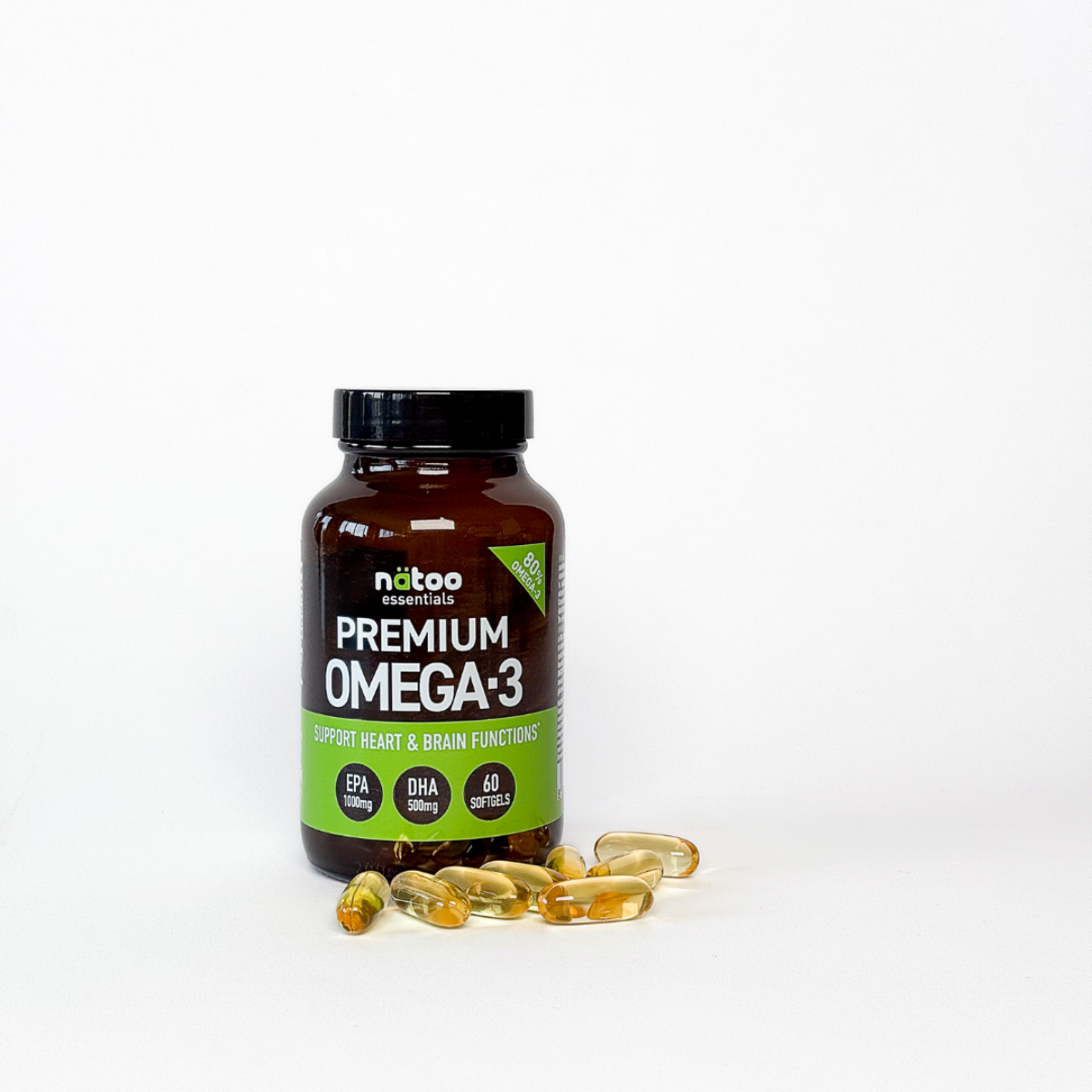 Barattolo di Premium Omega-3 MyNatoo con perle di Omega-3 in primo piano, integratore con EPA e DHA ad alta concentrazione
