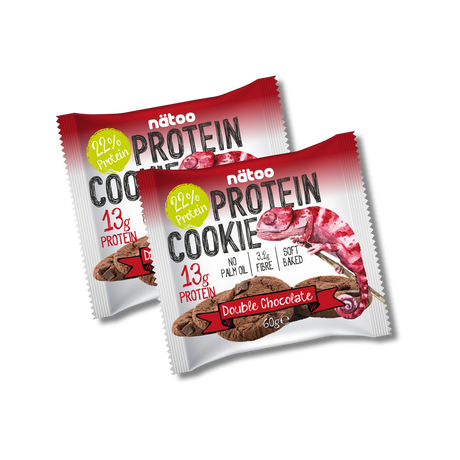 Protein Cookie Nätoo gusto Double Chocolate Duo Pack – biscotti proteici al doppio cioccolato con 22% di proteine e avena, senza olio di palma