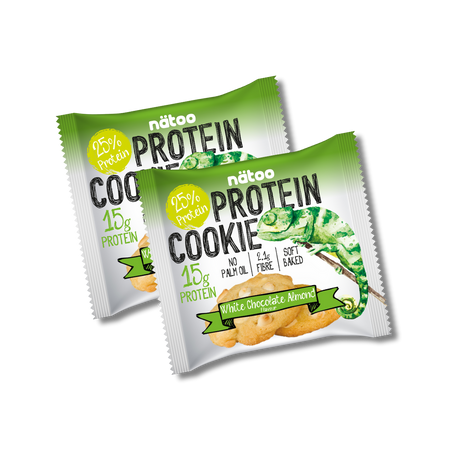 Protein Cookie Nätoo gusto White Chocolate & Almond Duo Pack – biscotti proteici con 25% di proteine, cioccolato bianco e mandorle, senza olio di palma