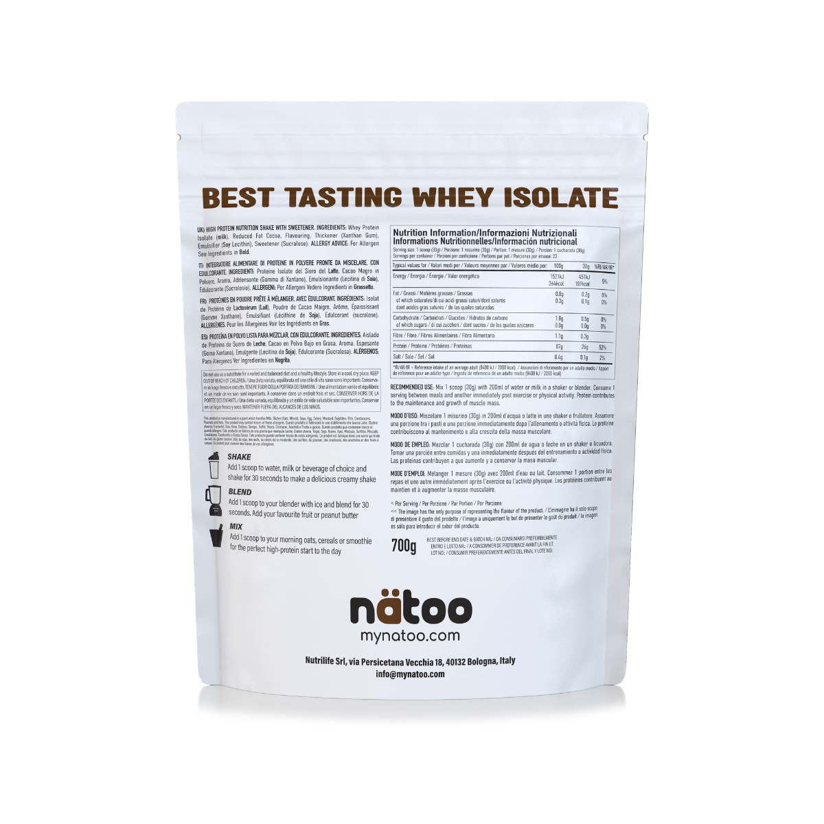Proteine Whey Isolate Natoo gusto Cioccolato valori nutrizionali e ingredienti confezione da 700g vista posteriore
