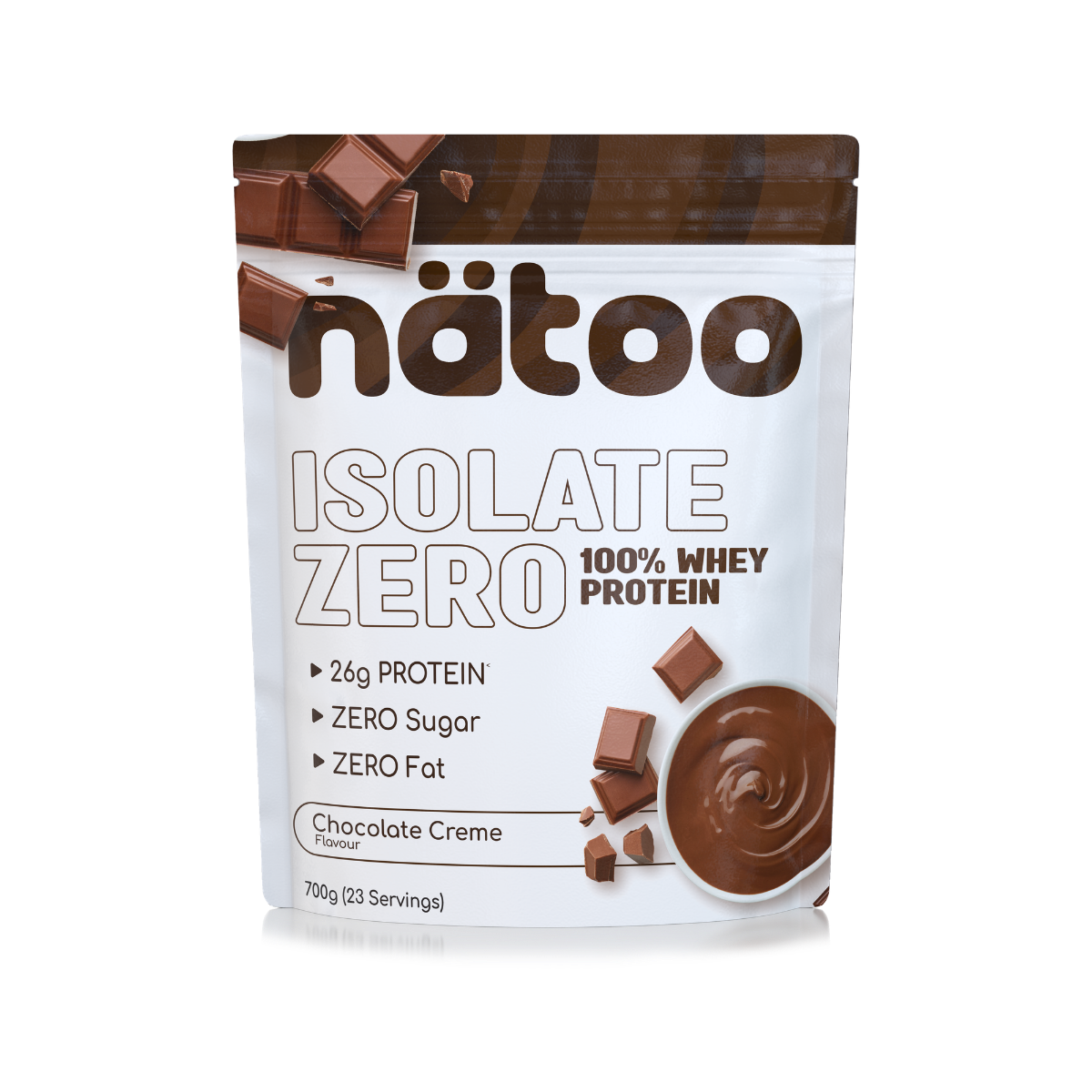 Proteine Whey Isolate Natoo gusto Cioccolato 26g proteine per porzione zero zuccheri zero grassi confezione da 700g vista frontale