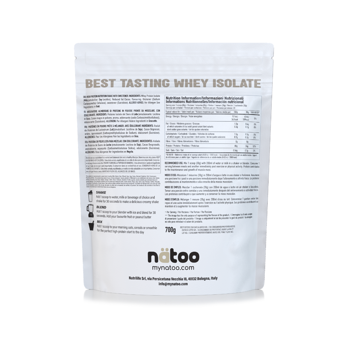 Proteine Whey Isolate Natoo gusto Cookies valori nutrizionali e ingredienti confezione da 700g vista posteriore