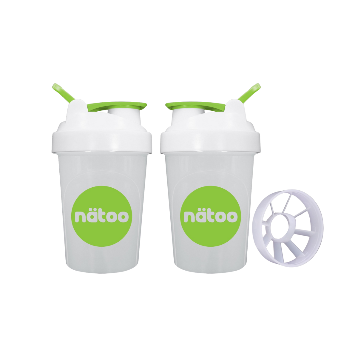 Shaker Nätoo 500ml bianco con logo verde e chiusura a flip