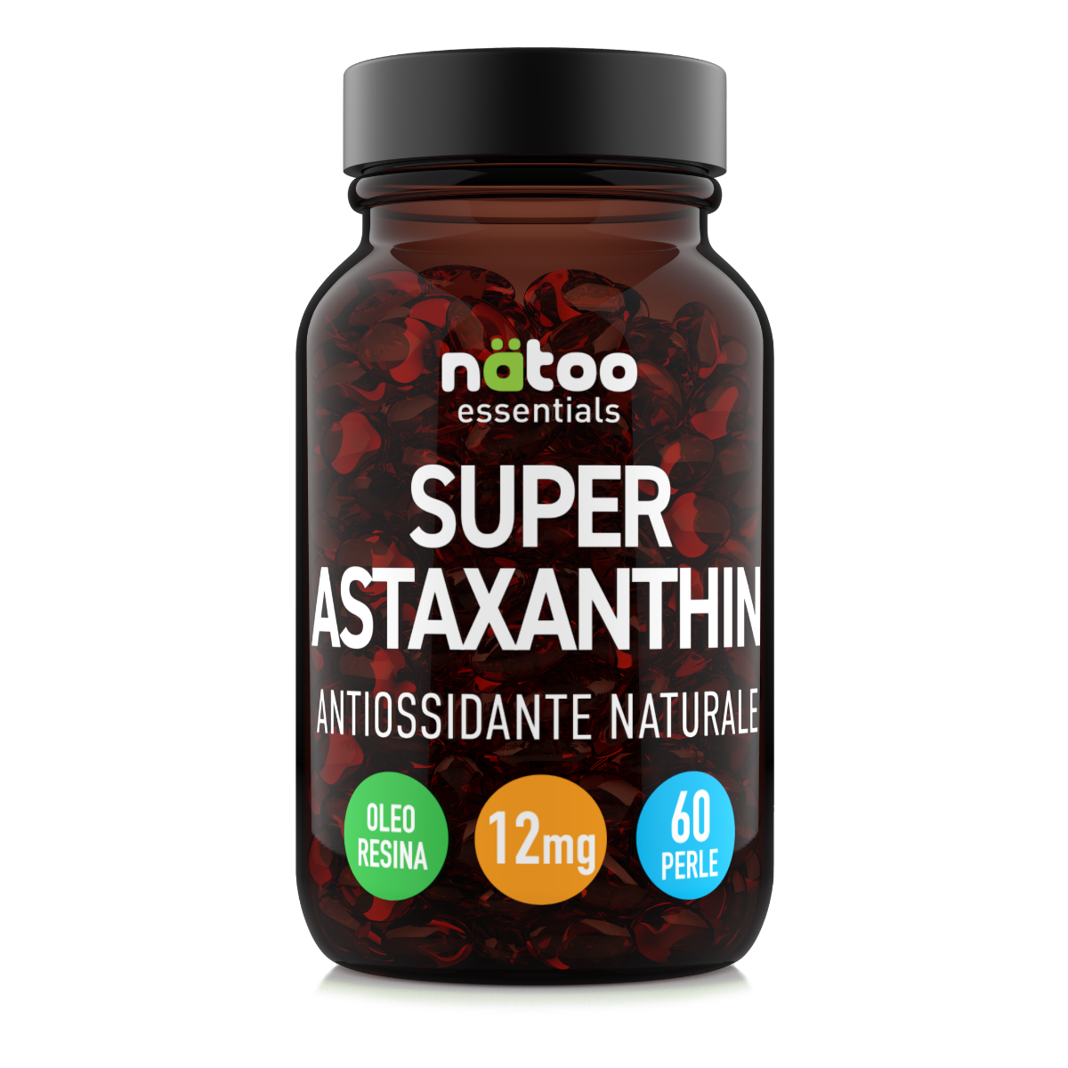Super Astaxanthin 12 mg Natoo Essentials astaxantina alto dosaggio in oleoresina 60 perle softgel flacone frontale