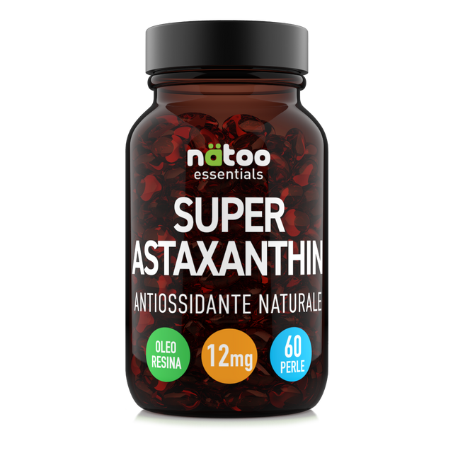 Super Astaxanthin 12 mg Natoo Essentials astaxantina alto dosaggio in oleoresina 60 perle softgel flacone frontale
