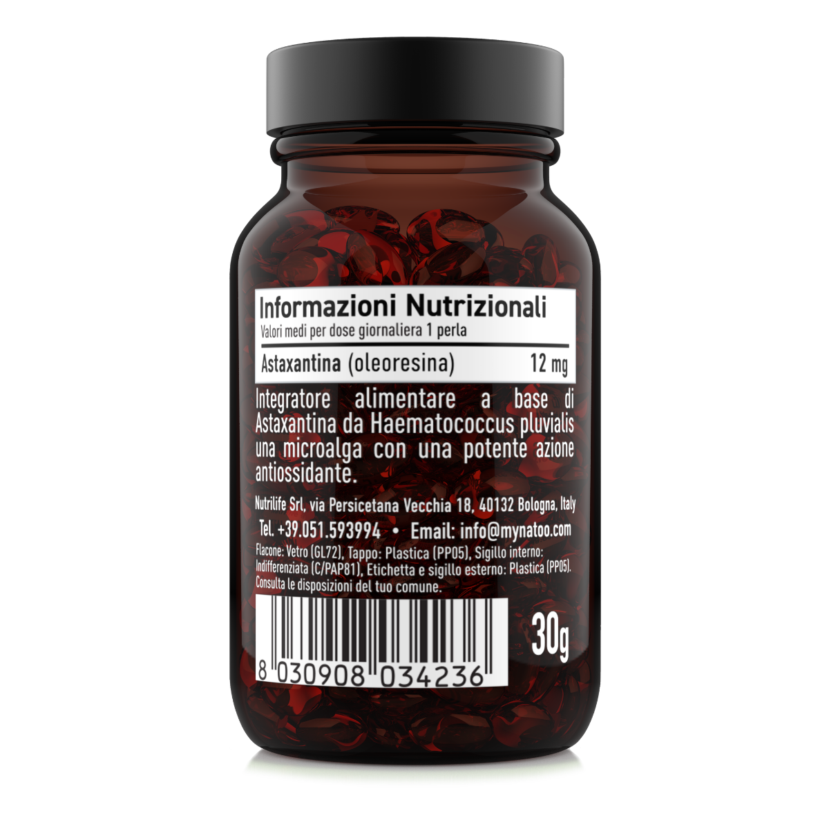 Super Astaxanthin 12 mg retro flacone con informazioni nutrizionali astaxantina in oleoresina da Haematococcus pluvialis