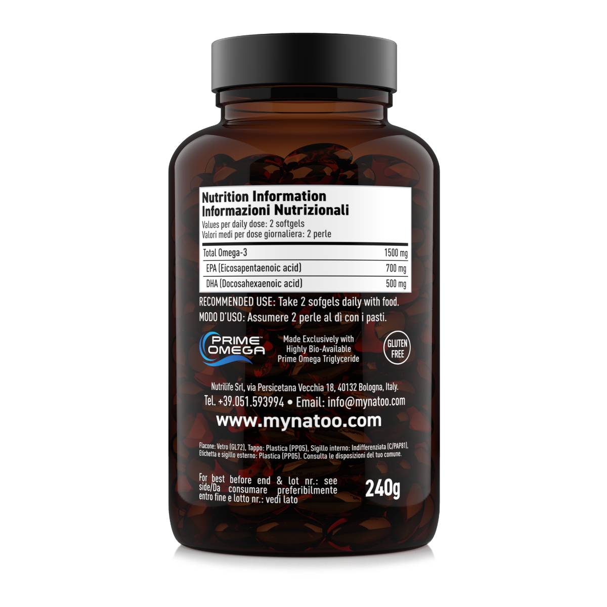 Tabella nutrizionale Super Omega-3 Nätoo 180 softgel: 1500 mg di omega-3 totali, 700 mg EPA e 500 mg DHA per dose
