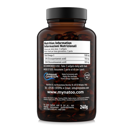 Tabella nutrizionale Super Omega-3 Nätoo 180 softgel: 1500 mg di omega-3 totali, 700 mg EPA e 500 mg DHA per dose