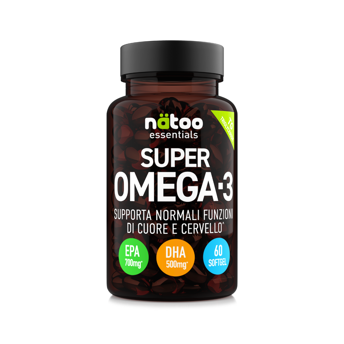 Super Omega-3 Nätoo 60 softgel in forma trigliceride, 700 mg EPA e 500 mg DHA per dose