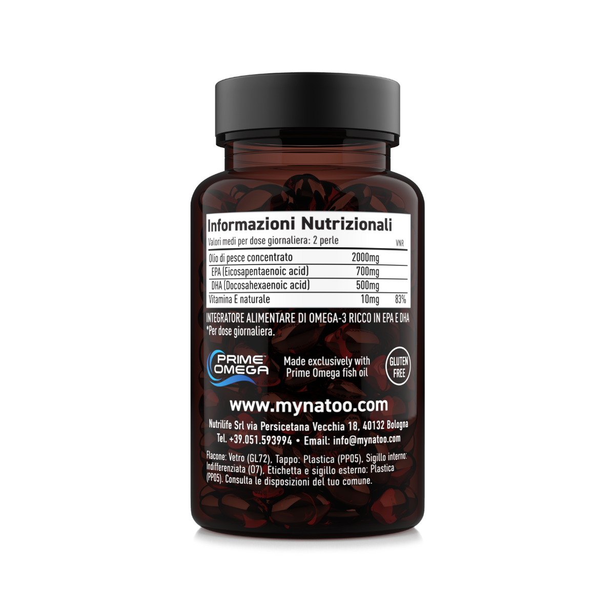 Tabella nutrizionale Super Omega-3 Nätoo: 2000 mg di olio di pesce, 700 mg EPA, 500 mg DHA e vitamina E per dose
