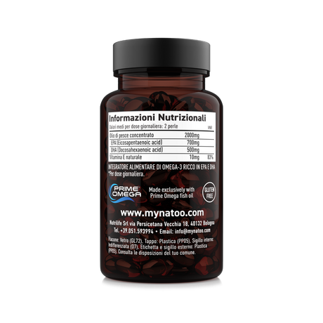 Tabella nutrizionale Super Omega-3 Nätoo: 2000 mg di olio di pesce, 700 mg EPA, 500 mg DHA e vitamina E per dose
