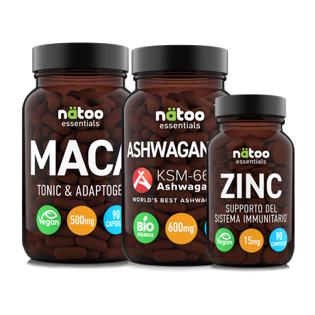 Testo Pack Nätoo, integratore per il testosterone dell'uomo: Zinco 90 compresse, Maca 90 capsule, Ashwagandha KSM-66® BIO