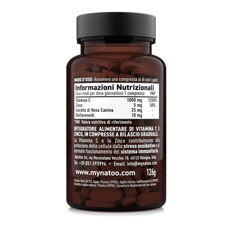 Etichetta posteriore Vitamina C Nätoo 90 compresse – tabella nutrizionale e modalità d’uso