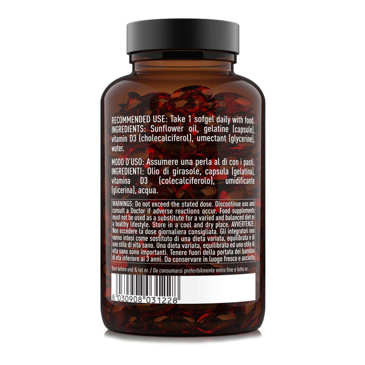 Retro confezione integratore Vitamina D3 2000 UI Nätoo 180 perle con ingredienti, modo d’uso e indicazioni di assunzione