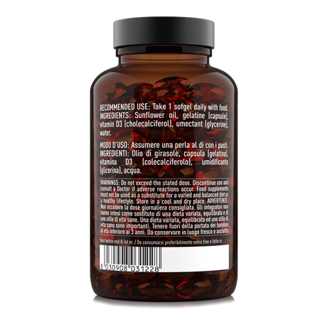 Retro confezione integratore Vitamina D3 2000 UI Nätoo 180 perle con ingredienti, modo d’uso e indicazioni di assunzione