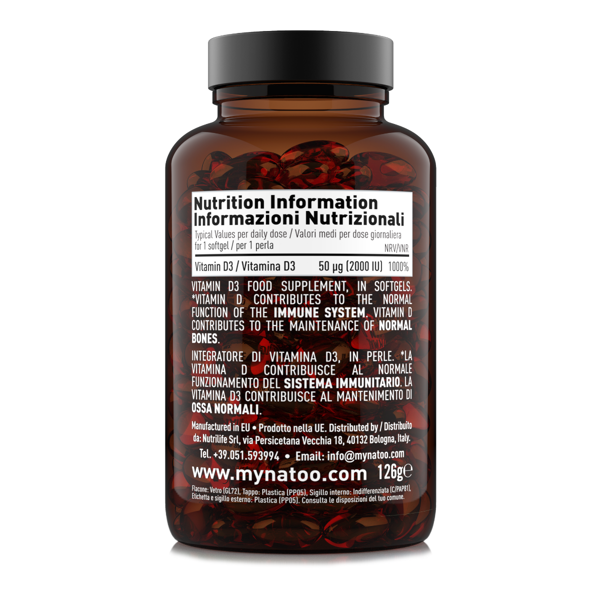 Etichetta posteriore integratore Vitamina D3 2000 UI Nätoo 180 perle con tabella nutrizionale e valori di riferimento