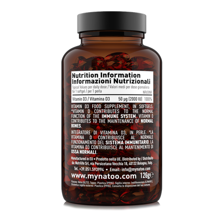 Etichetta posteriore integratore Vitamina D3 2000 UI Nätoo 180 perle con tabella nutrizionale e valori di riferimento