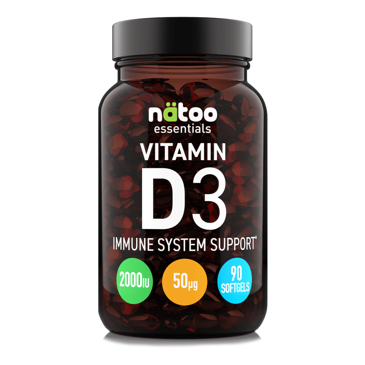 Integratore Vitamina D3 2000 UI Nätoo 90 perle in perle softgel per ossa, muscoli e sistema immunitario.