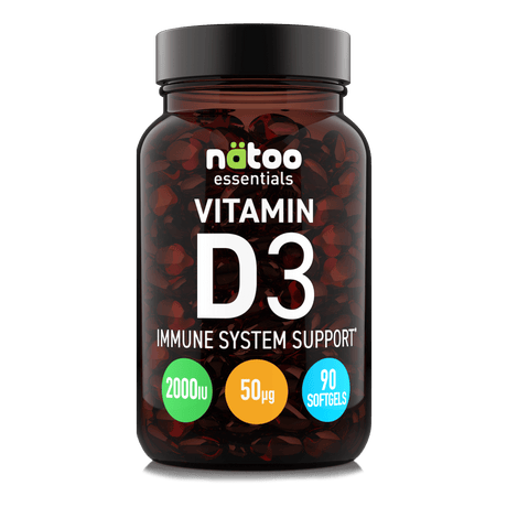 Integratore Vitamina D3 2000 UI Nätoo 90 perle in perle softgel per ossa, muscoli e sistema immunitario.