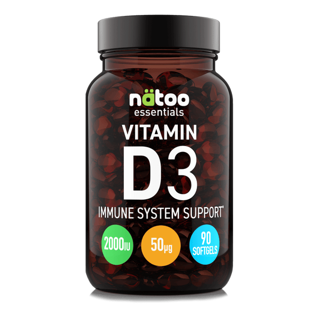 Integratore Vitamina D3 2000 UI Nätoo 90 perle in perle softgel per ossa, muscoli e sistema immunitario.