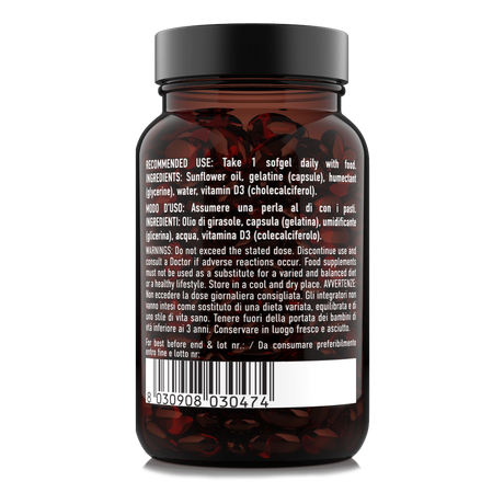Retro etichetta integratore Vitamina D3 2000 UI Nätoo 90 perle con ingredienti, modo d’uso e avvertenze