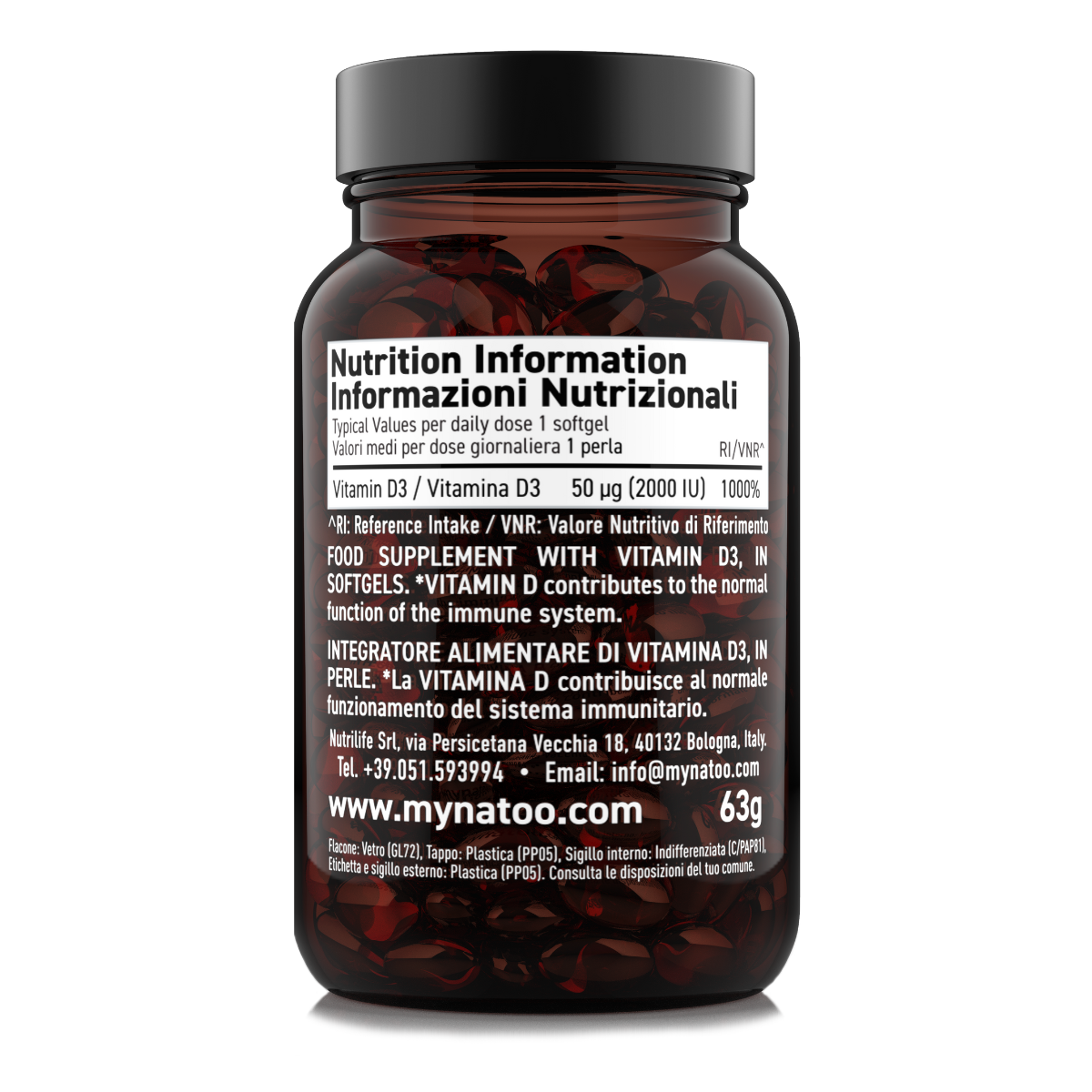 Etichetta posteriore integratore Vitamina D3 2000 UI Nätoo 90 perle con tabella nutrizionale e informazioni nutrizionali