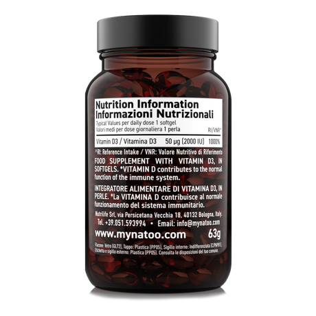 Etichetta posteriore integratore Vitamina D3 2000 UI Nätoo 90 perle con tabella nutrizionale e informazioni nutrizionali