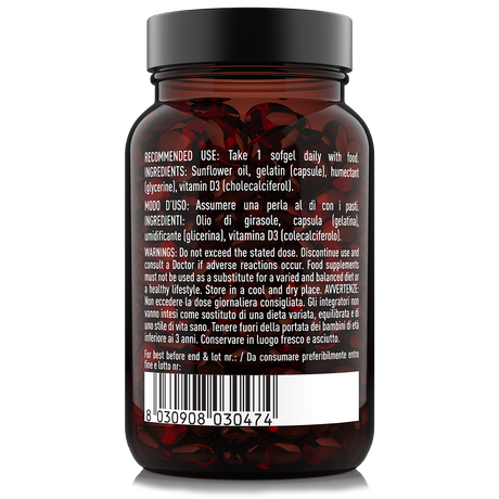 Retro confezione integratore Vitamina D3 4000 UI Nätoo 90 perle con ingredienti, modo d’uso e indicazioni di assunzione