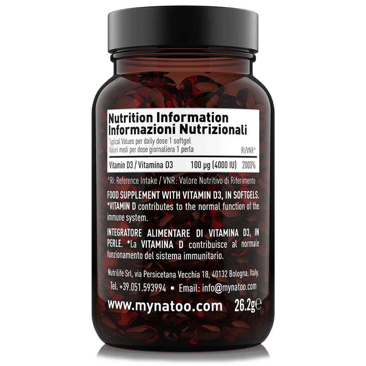 Etichetta posteriore integratore Vitamina D3 4000 UI Nätoo 90 perle con tabella nutrizionale e valori di riferimento