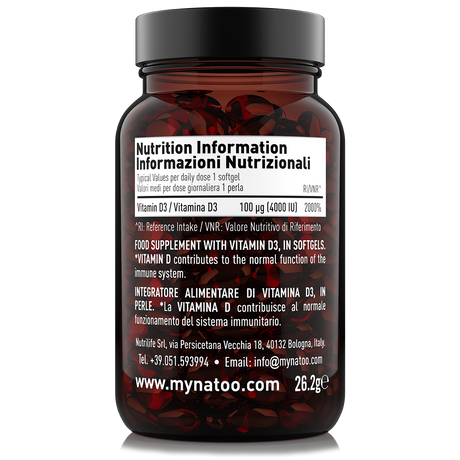 Etichetta posteriore integratore Vitamina D3 4000 UI Nätoo 90 perle con tabella nutrizionale e valori di riferimento