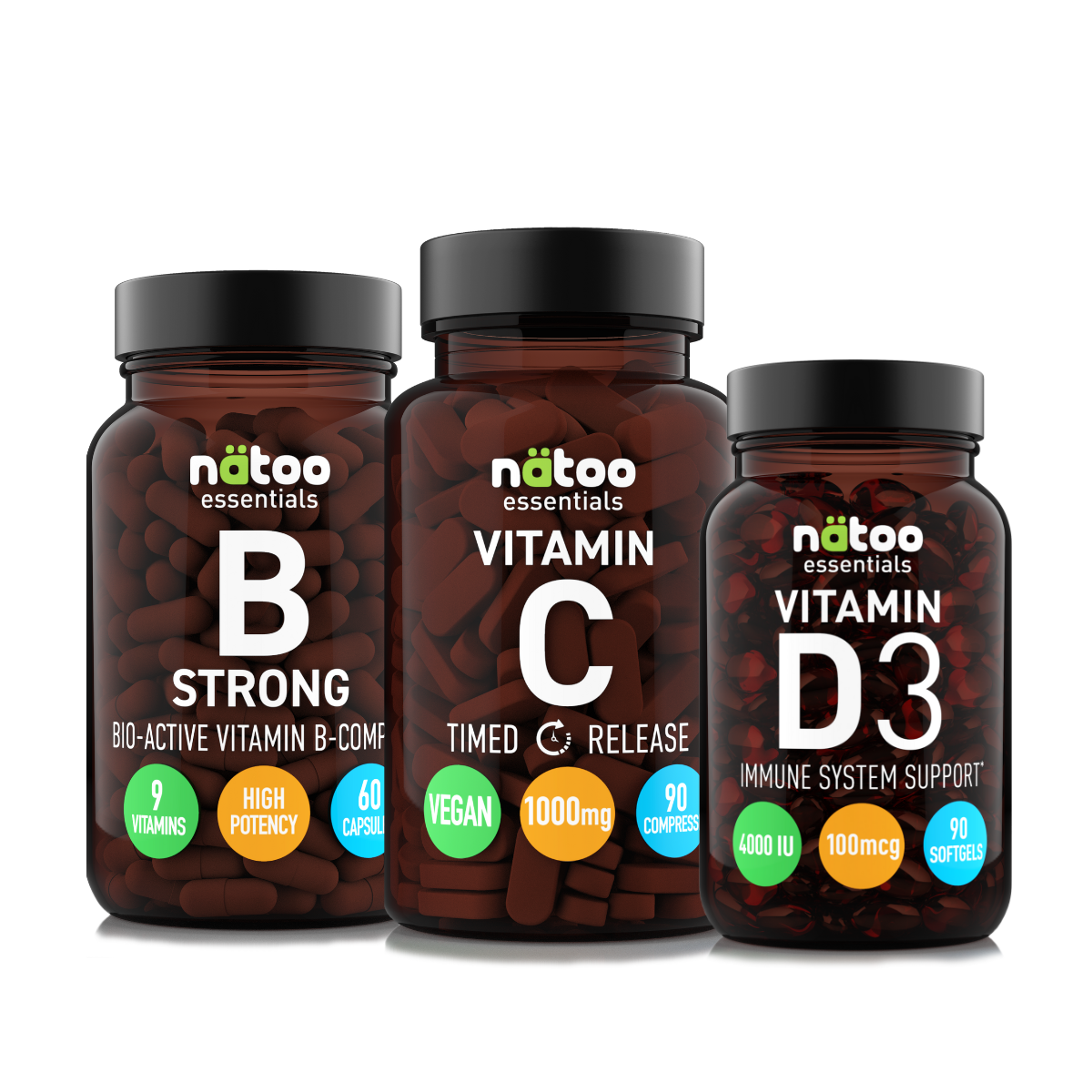 Pacchetto vitamine per stanchezza con Vitamina B Strong, Vitamina C a rilascio graduale e Vitamina D3 4000 UI