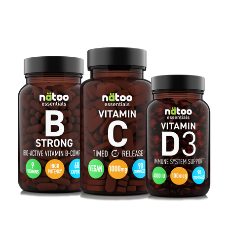 Pacchetto vitamine per stanchezza con Vitamina B Strong, Vitamina C a rilascio graduale e Vitamina D3 4000 UI